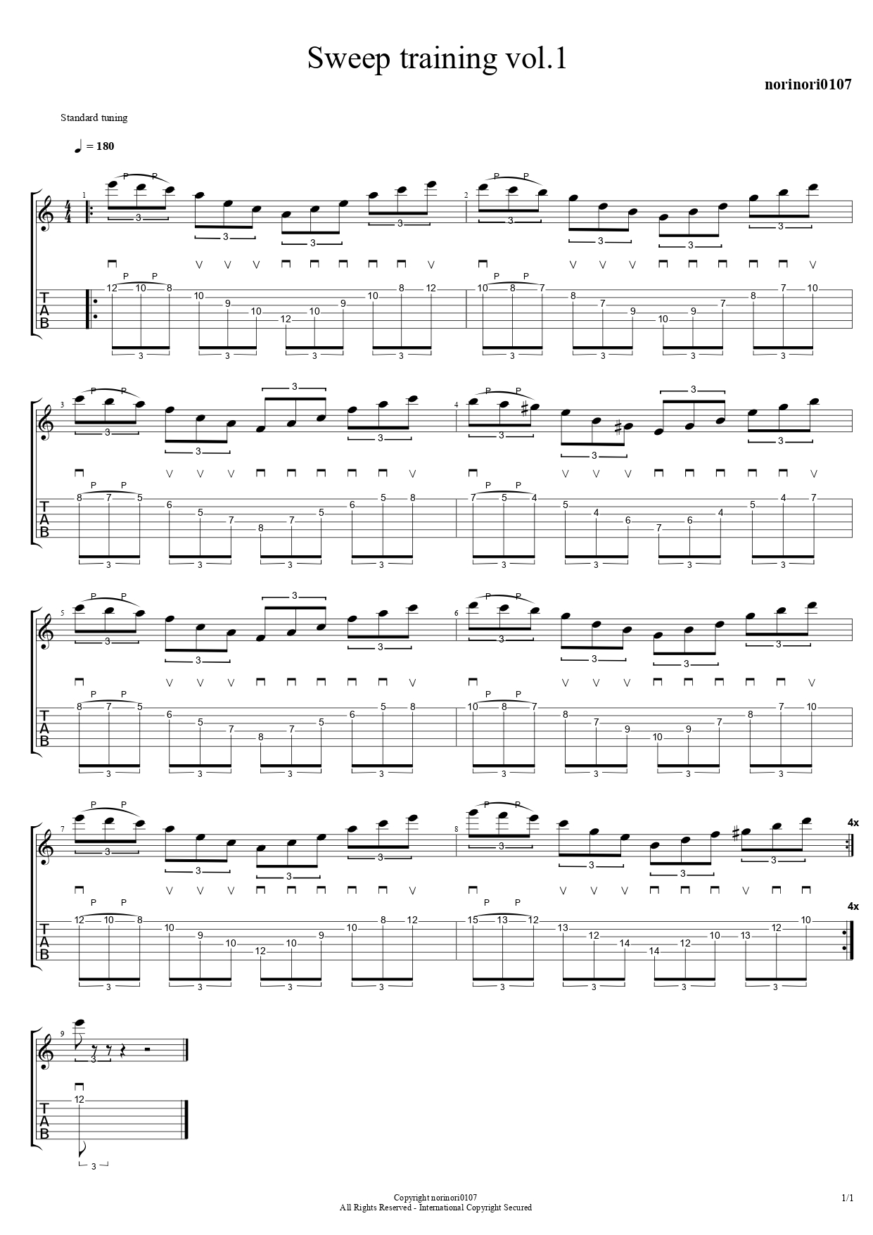 【TAB】Guitar Sweep Training vol.1 ギタースウィープトレーニング 基礎練習オリジナルフレーズ #guitar#norinori0107