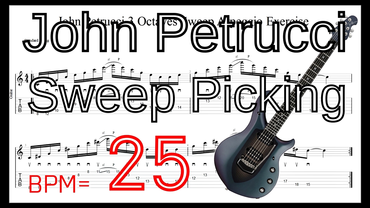 【動画】ジョン･ペトルーシのスウィープピッキングの練習動画のBPMを細かく分けた動画【TAB】ジョン･ペトルーシのギターのオススメ練習方法。速弾き･フルピッキング､スウィープ､タッピング､レガートなどバランスよく練習できます！