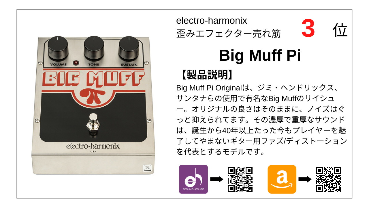 【3位】Big Muff Pi ディストーション【electro-harmonix･エレハモ人気エフェクター】electro-harmonix 歪みエフェクター売れ筋TOP 10！ 【エレハモ･2022年】